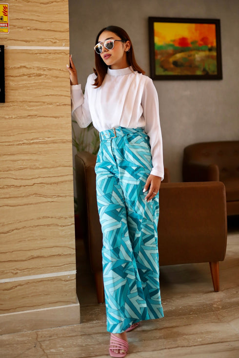 Kylie Power Coord Set With Abstract Blue Trousers